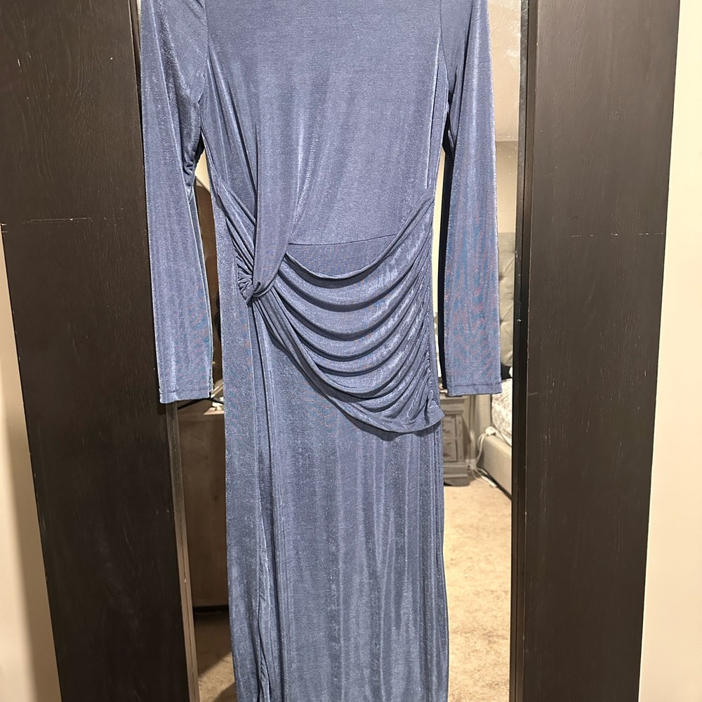 Blue Gray Asymmetrical Ruched Midi Dress